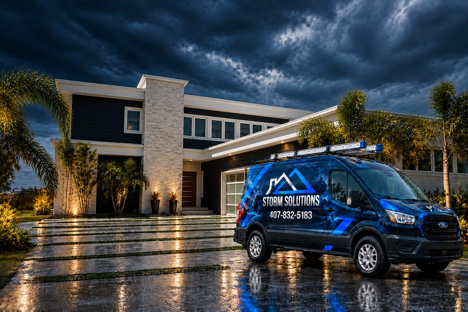 Storm Solutions wrapped van parked on a wet driveway in front of a modern Sanford home under storm clouds